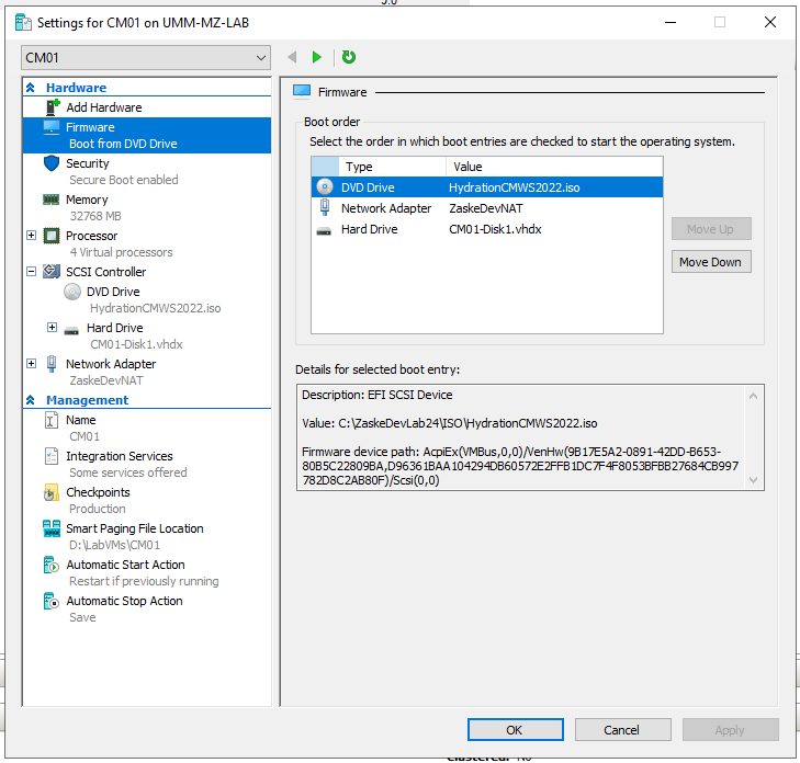 Screen snip of the CM01 VM settings page showing basic information about the VM configuration.