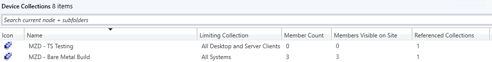 Snip of a list of two basic device collections in the Configuration Manager console for Task Sequence Testing and Bare Metal Build.