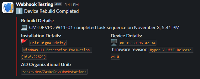 Screen snip of a completed task sequence Slack notification