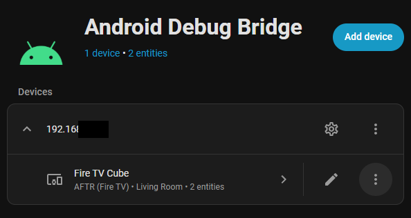 Screen snip of the ADB integration showing a connected Fire TV Cube